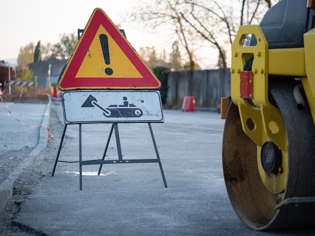 Ein Verkehrsschild zeigt laufende Arbeiten und eine große Maschine zur Asphaltverdichtung