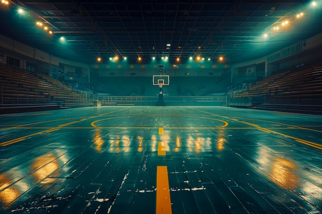 Ein verlassener Basketballplatz in einer verlassenen Arena, eine Perspektive eines Fotografen auf Leere und Einsamkeit