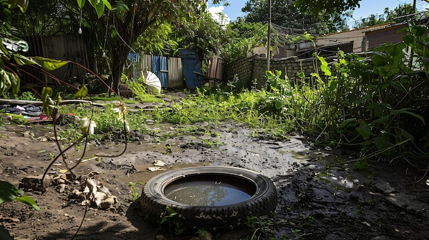 Ein verlassener Reifen, der mit stehendem Wasser gefüllt ist, ist eine mögliche Brutstätte für Mückenlarven