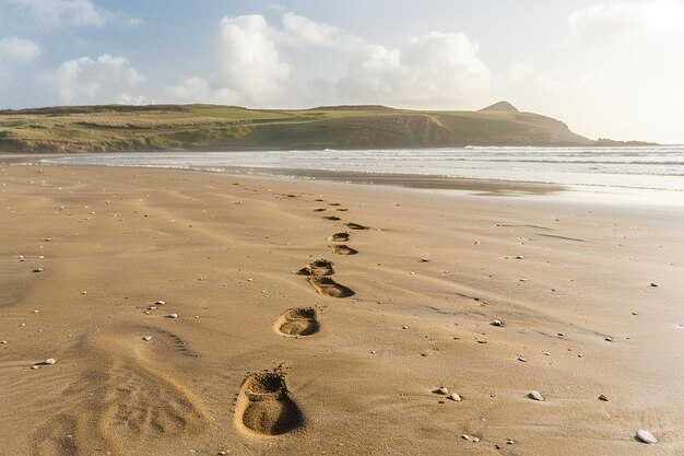 Ein verlassener Strand mit Fußabdrücken, die zum Horizont führen