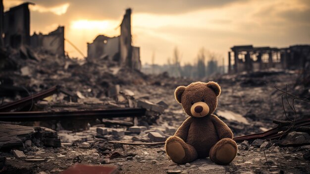 ein verlassener Teddybär mitten in der zerstörten Stadt