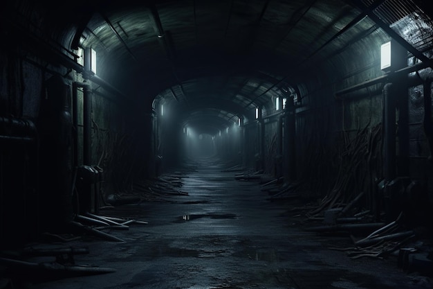 Ein verlassener unterirdischer Tunnel mit zerstörter Verkleidung und schwacher Beleuchtung