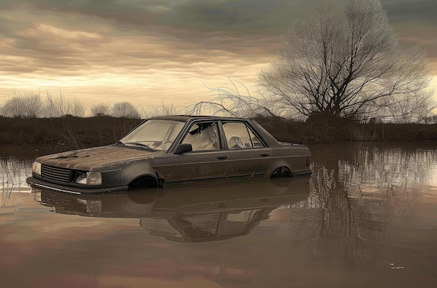 Ein verlassenes Auto in den Überschwemmungswässern in der Dämmerung