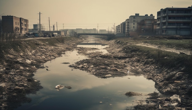 Ein verlassenes Gebäude spiegelt Umweltschäden in einer schmutzigen, zerstörten Landschaft wider, die durch KI verursacht wurden