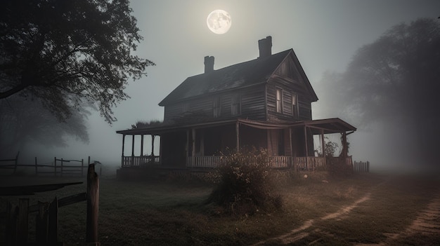 Foto ein verlassenes spukhaus im wald halloween-vollmond