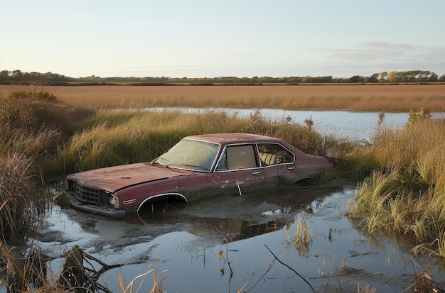Ein verlassenes Vintage-Auto unter Wasser in Feuchtgebieten
