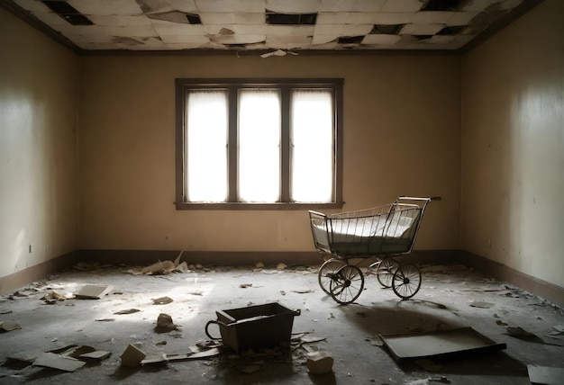 Ein verlassenes Zimmer mit einem Vintage-Kinderwagen, einem verfallenden Bett, einem Stuhl und einem Fenster, das dunkel hereinlässt