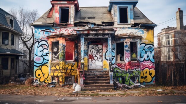 Ein verlassenes zweistöckiges Haus, das mit Graffiti bemalt ist