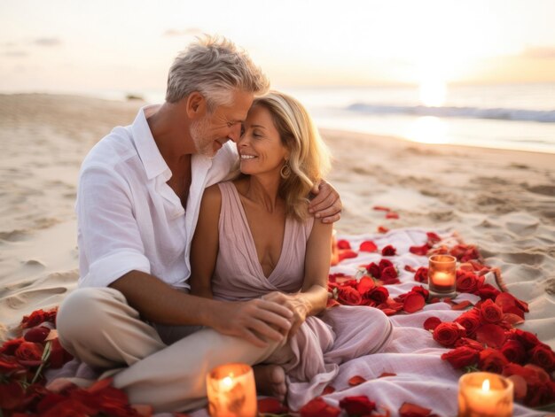 Foto ein verliebtes erwachsenes paar hat ein romantisches date mit kerzenblumen auf dem sand am strand bei sonnenuntergang