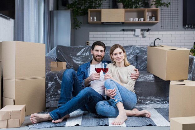 Ein verliebtes Familienpaar sitzt auf dem Boden und feiert ein neues Zuhause in einer neuen Wohnung, die Wein zwischen Kartons trinkt