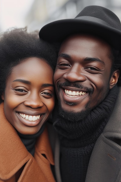 Ein verliebtes, lächelndes schwarzes Paar umarmt sich mit strahlendem Lächeln