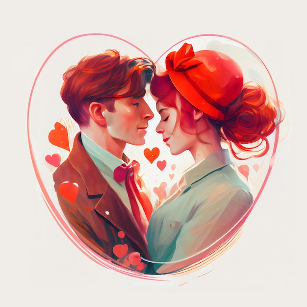 Ein verliebtes Paar in einem herzförmigen Rahmen Ein junger Mann und eine Frau küssen sich. 14. Februar, Valentinstag