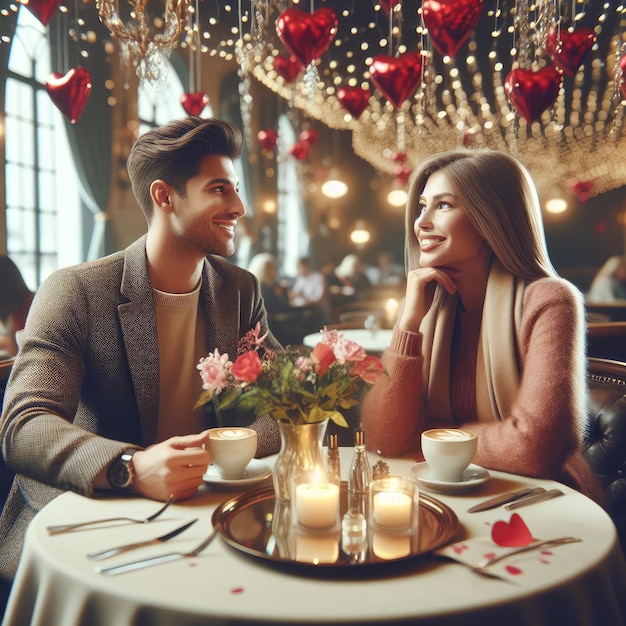 Ein verliebtes Paar sitzt am Valentinstag an einem Tisch in einem Café in romantischer Atmosphäre