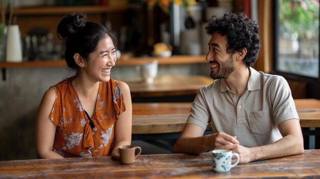 Ein verliebtes Paar trinkt Kaffee im Café, ein fröhlicher junger Mann und eine fröhliche junge Frau sitzen am Tisch im Café.