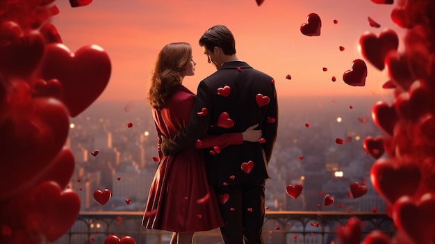 Ein verliebtes Paar vor der Kulisse der Stadt und der roten Herzen