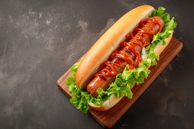 Ein verlockender Hotdog mit Salat auf einem rustikalen Holzbrett