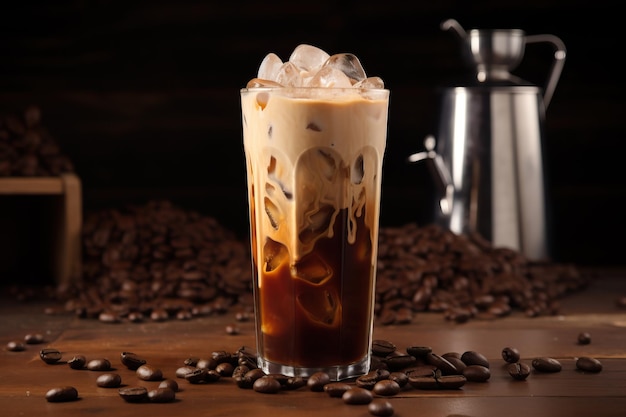 Ein verlockendes Stockfoto mit einem hohen Glas Eiskaffee, einem kühlen und belebenden Getränk, um den Durst zu stillen