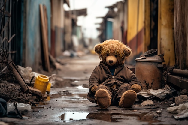 Ein vernachlässigter schmutziger Teddybär, der in einer dunklen Gasse zurückgelassen wurde