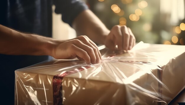 Ein Verpacker packt ein Paket