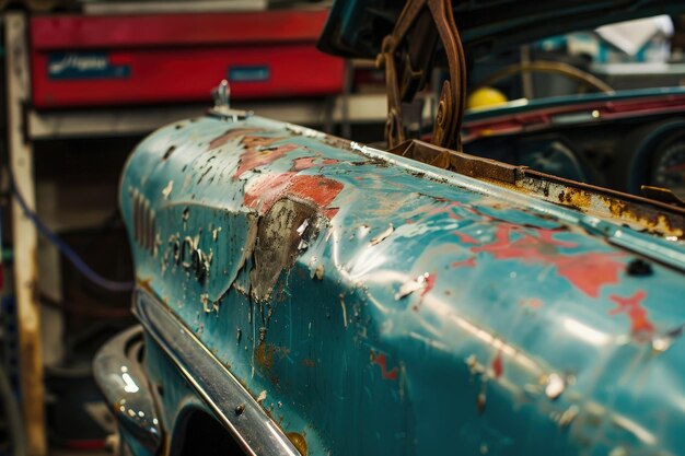 Foto ein verrostetes blaues auto in einer garage