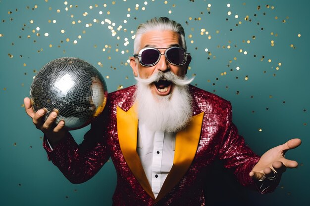 Foto ein verrückter älterer mann, der einen disco-ball hält und sich amüsiert, feiert das lebenskonzept.