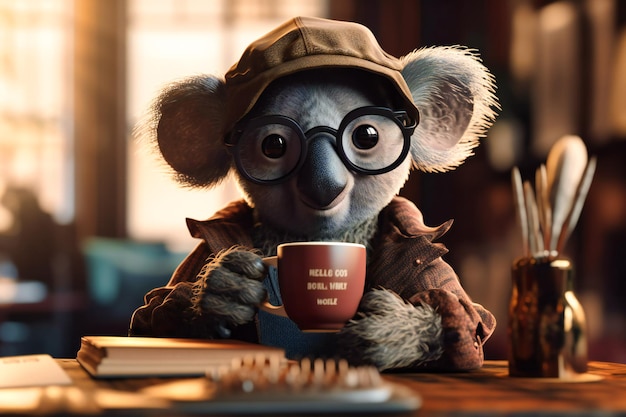 Ein verschlafen aussehender Koala mit Schlafmütze und Sonnenbrille hält eine Tasse heißen Kakao und ein Buch in der Hand, während er auf einem gemütlichen Sessel einnickt