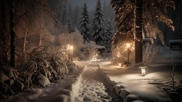 Ein verschneiter Weg mit einem Weg, der zu einem Haus mit einem Schild mit der Aufschrift „Winter“ führt.