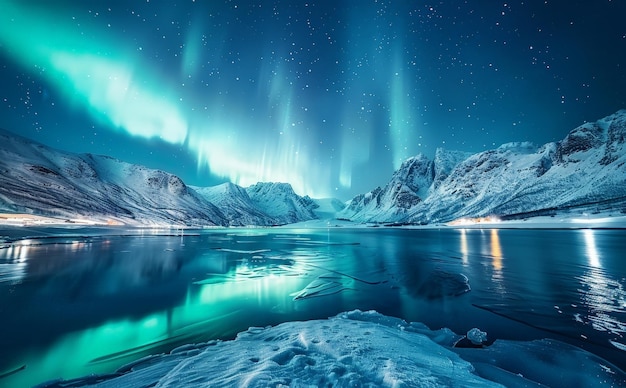 ein verschneites See mit schneebedeckten Bergen und einem hellen blauen Himmel