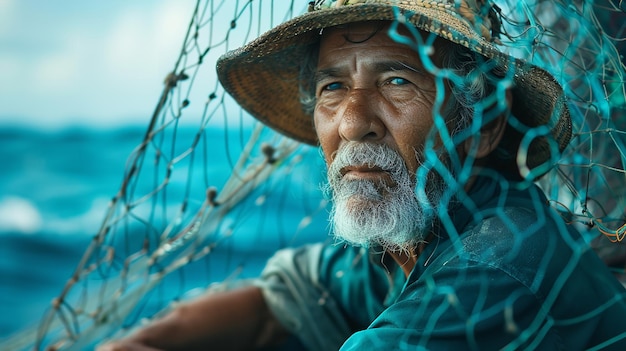 Ein verschwommener Hintergrund zeigt ältere Fischer, die Hüte tragen und Fischernetze befestigen oder befestigen.