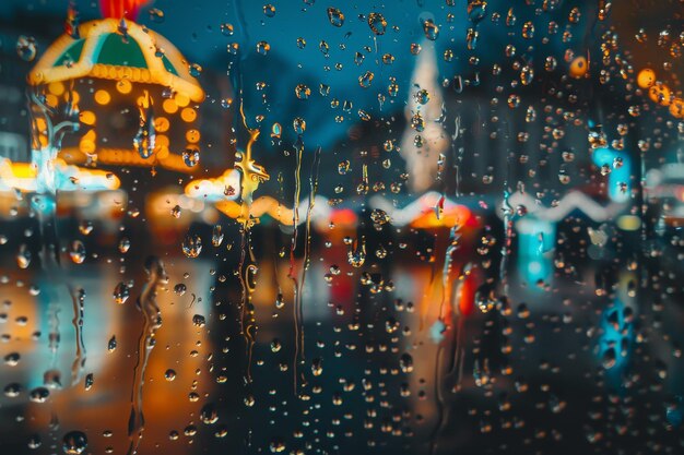 Ein verschwommenes Bild einer Stadtstraße mit Regentropfen am Fenster