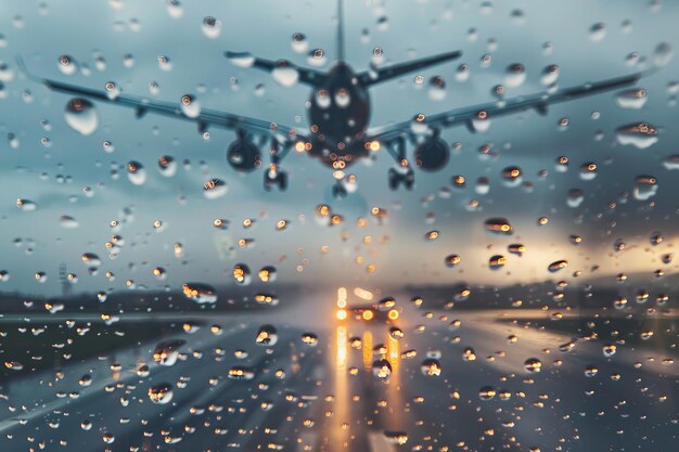 Ein verschwommenes Bild eines Flugzeugs, das durch Regentropfen fliegt