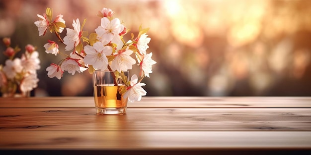 ein verschwommenes Bild von einem Holztisch und Blumen auf einem Hintergrund