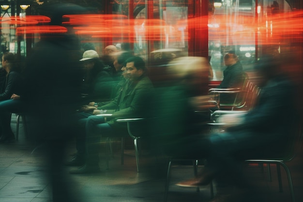 ein verschwommenes Bild von Menschen, die in einer Kabine sitzen und ein rotes Licht hinter sich haben.