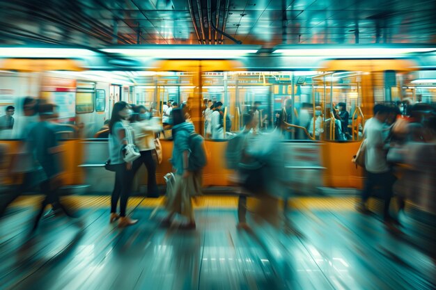 ein verschwommenes Bild von Menschen in einer U-Bahn mit einem verschwommenen Hintergrund