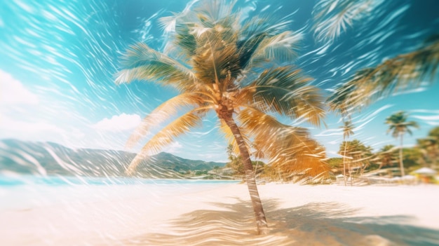 Ein verschwommenes Foto einer Palme am Strand, generatives KI-Bild