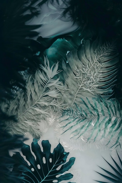 ein verschwommenes weißes Bild von Palmenblättern im Wasser im Stil von Hellgrau und Smaragd