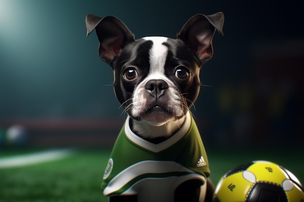 Ein verspielter Boston-Terrier-Welpe im Sporttrikot Nr. 00422 01