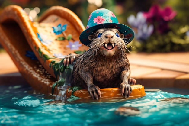 Ein verspielter Otter mit geblümtem Sommerhut und Sonnenbrille, der mit einem breiten Lächeln im Gesicht eine Wasserrutsche hinunterrutscht