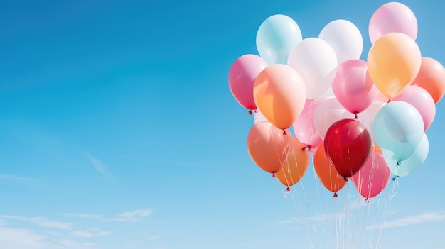 ein verspieltes Arrangement aus bunten Luftballons, die vor einem klaren blauen Himmel schweben