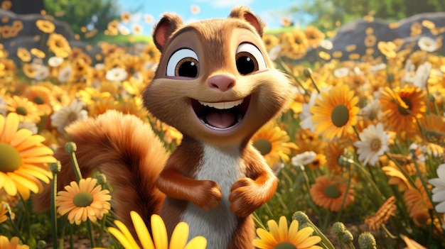 Ein verspieltes Eichhörnchen, umgeben von Gänseblümchen und Sonnenblumen
