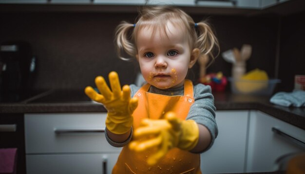 Ein verspieltes Kleinkind genießt das chaotische Backen mit der Familie in der von KI generierten heimischen Küche