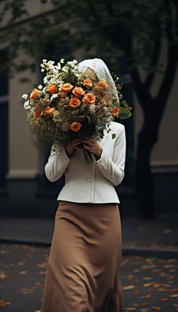 Ein vertikales Porträt eines jungen anonymen Mädchens, das einen Spaziergang mit einem schönen Blumenstrauß macht