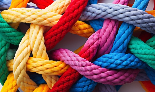 Ein verwirrter Haufen farbiger Seile Verwirrung und Denkprozess Konzept