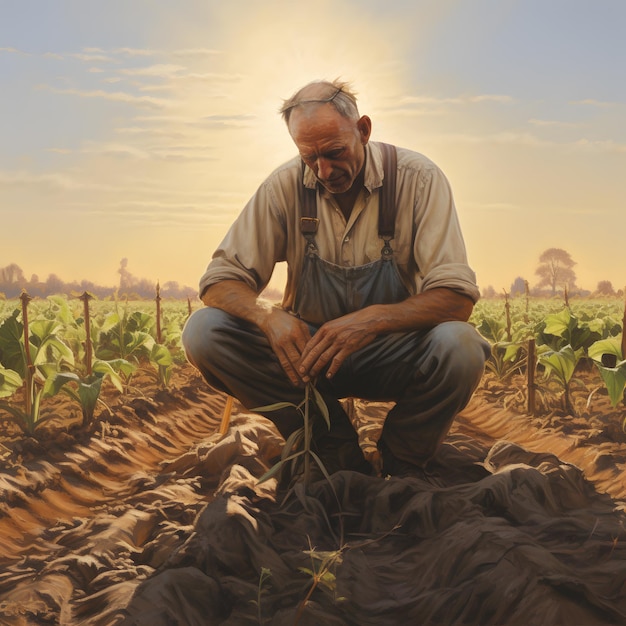 Ein verwitterter Bauer kümmert sich um sein sonnenbeschienenes Ölgemälde auf einem Feld