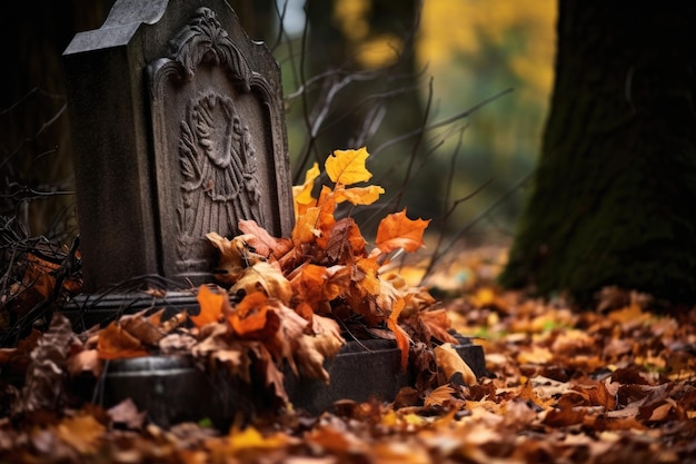 Foto ein verwitterter grabstein, umgeben von herbstblättern