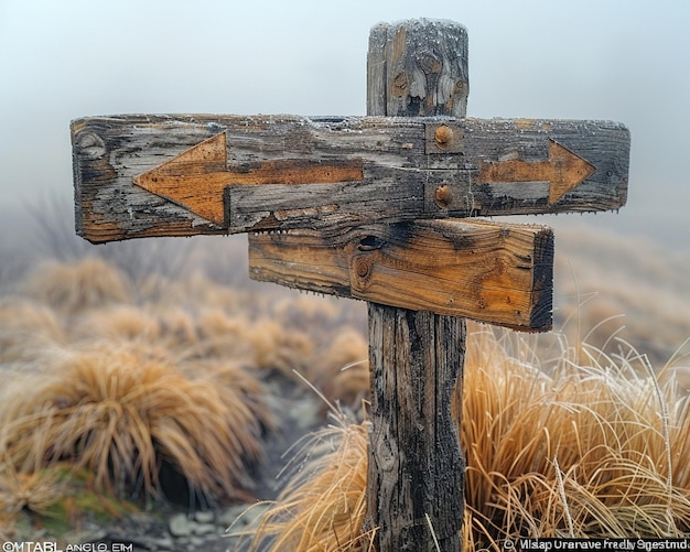 Foto ein verwitterter holzsignal in einer ländlichen umgebung, der in mehrere richtungen weist