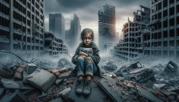 Ein verwüstetes Stadtbild mit dem Mädchen, das auf Trümmern sitzt und ein abgenutztes, von der KI erstelltes Foto in der Hand hält