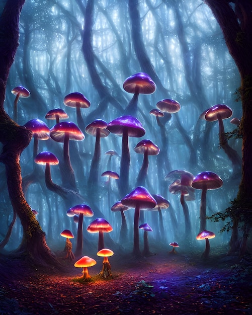 Ein verzauberter Wald in der Nacht, beleuchtet von leuchtenden Pilzen, Fantasy-Surrealismus-3D-Illustration