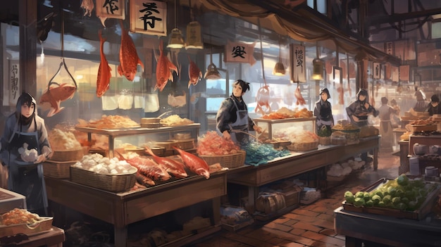 Foto ein vielfältiger gourmetmarkt bietet sashimi-enten, wels und mehr
