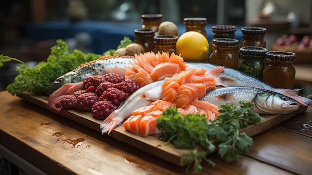 Foto ein vielfältiger gourmetmarkt bietet sashimi-enten, wels und mehr